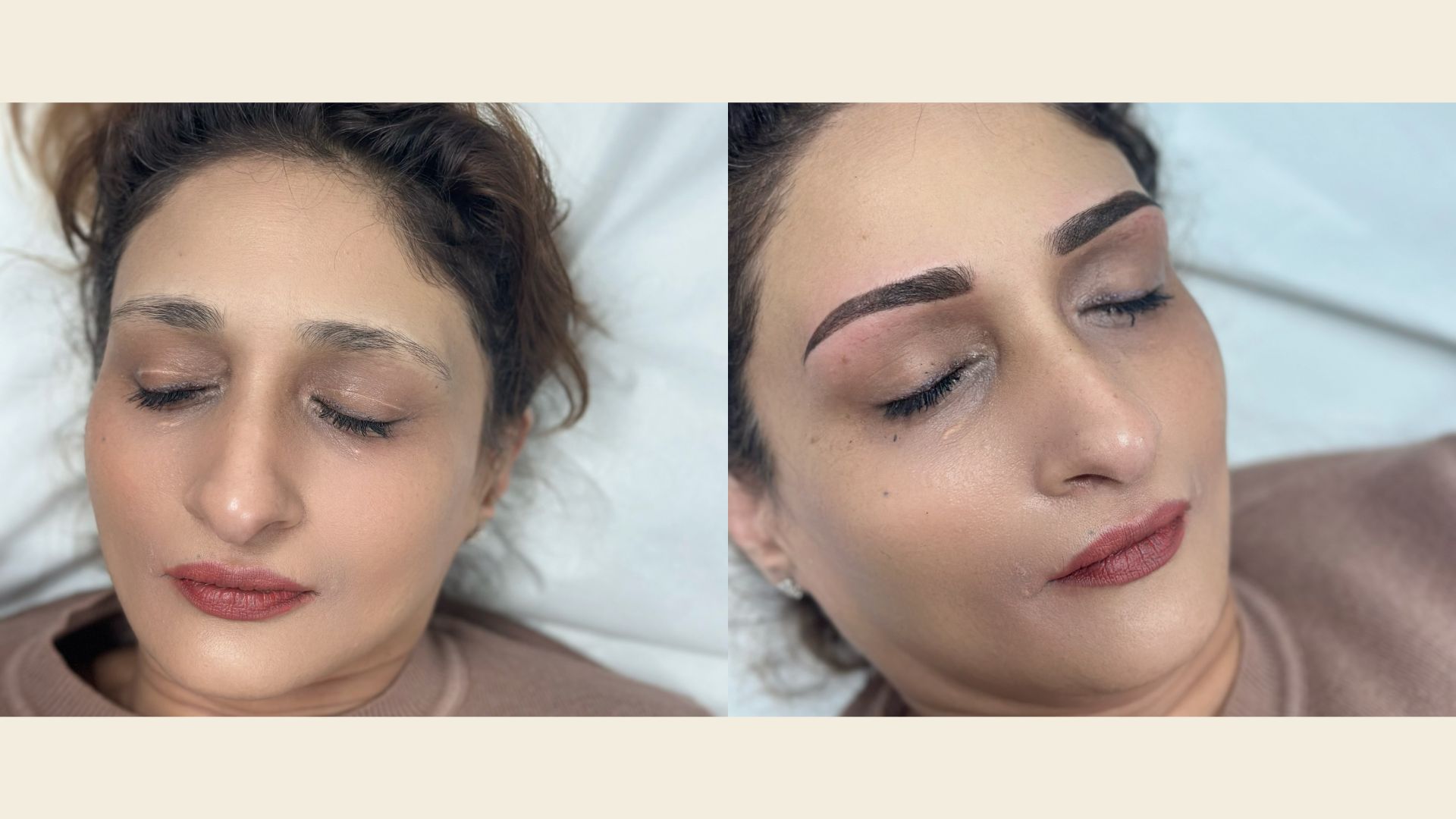 Combination brows adding hairstrokes and soft shading to sparse and over-plucked brows.