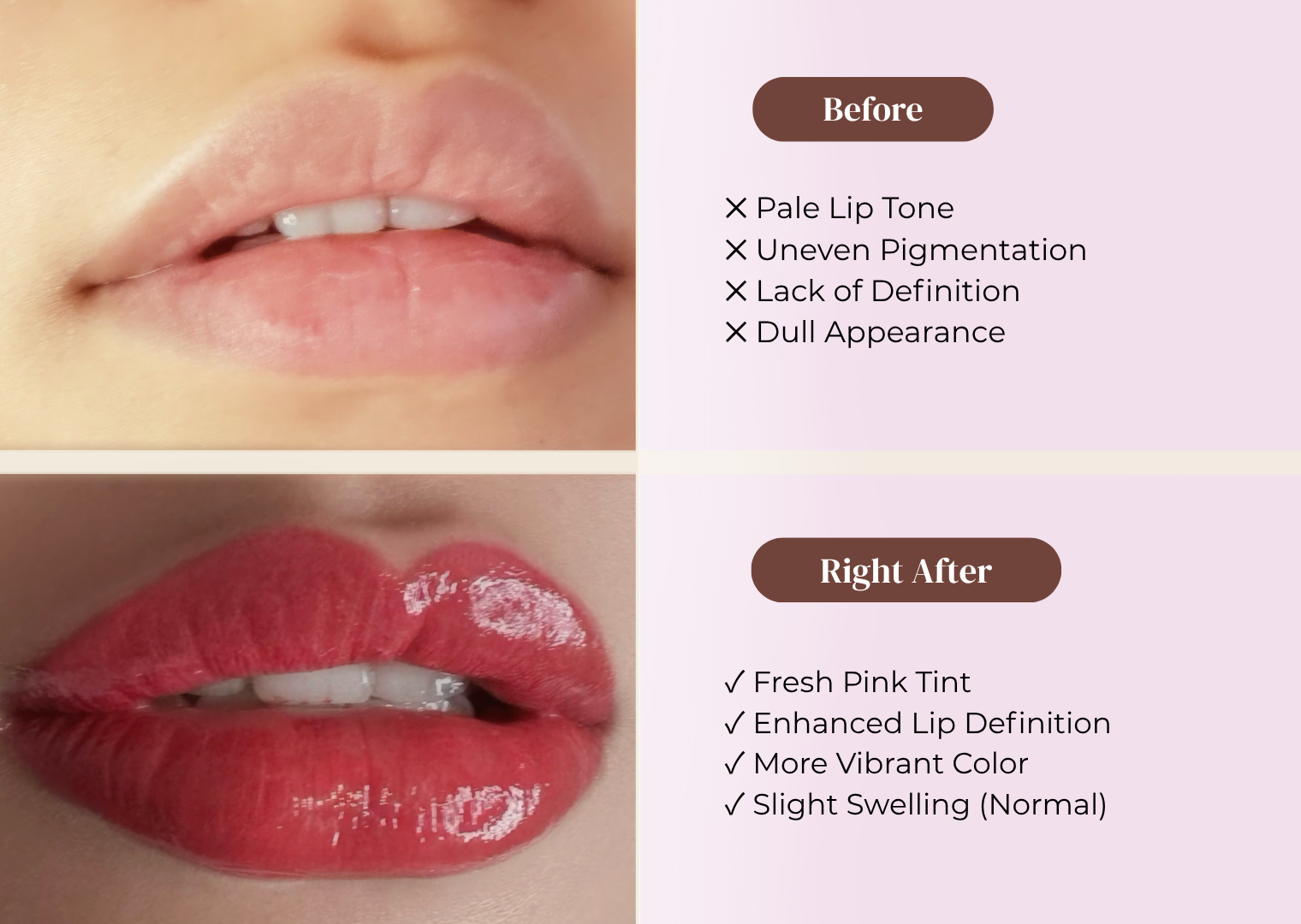 Lip blush before and right after comparison, pale lips to fresh pink tint at SculptPMU by Mi Romford